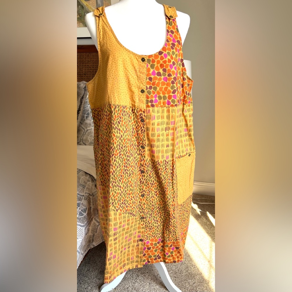 Gudrun Sjoden Organic Linen Cotton Sleeveless Patchwork Dress Mustard Yellow-L